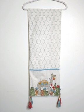 Pier 1 Imports Linen Cotton Embroidered Camel Beaded Tassel Table Runner Boho